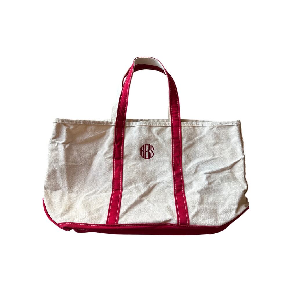 Vintage LL Bean Boat Tote Large Red Canvas Made in USA Monogram BBS